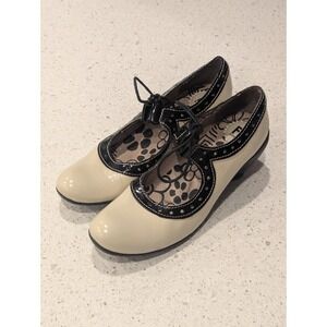 Fly London Black White Retro Mary Jane Heel Patent Leather Pump Size 38 EU 8 US